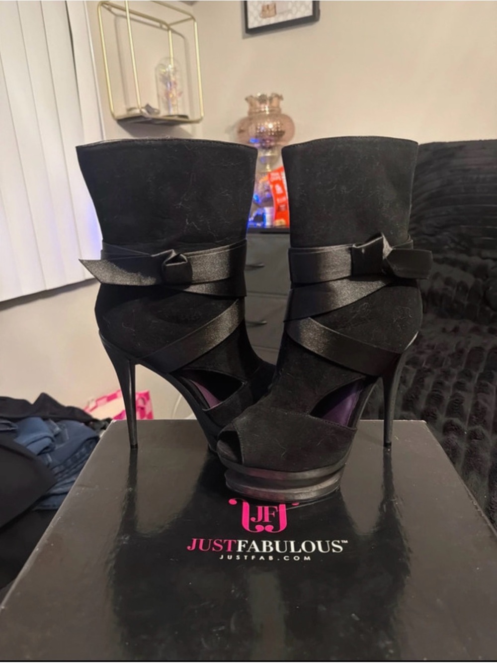 JustFab Black Suede Peep-Toe Stiletto Ankle Boots with Satin Bow size 7